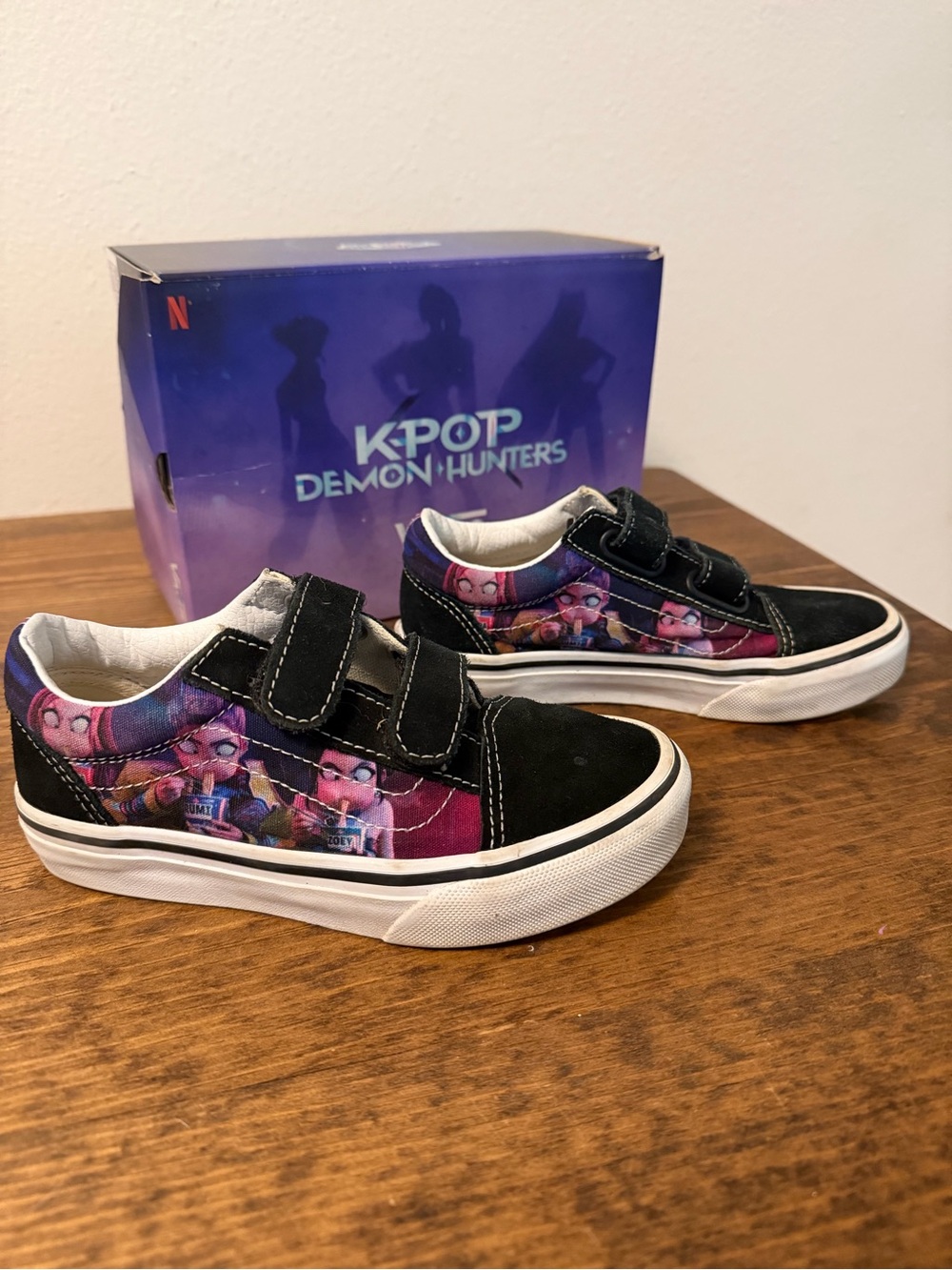 Vans K Pop Demon Hunters Kids Velcro Sneakers in Black and Purple Graphic